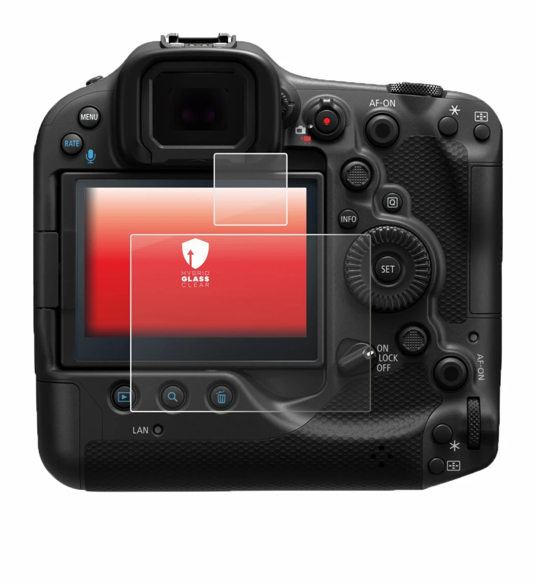 Image of the device Canon EOS R3 with a wide variety of screen protectors.