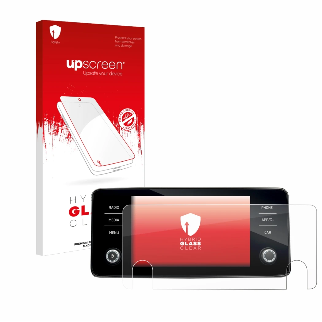 Front side of a product packaging with the brand logo upscreen. Next to it is the device Skoda Bolero 2020 Infotainment System