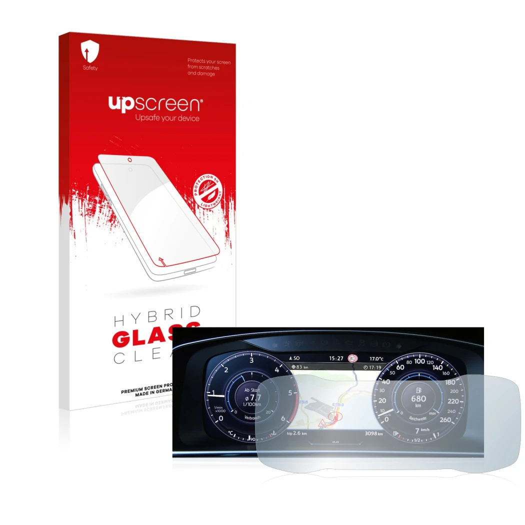 Front side of a product packaging with the brand logo upscreen. Next to it is the device Volkswagen Golf 7 Facelift (2016-2019