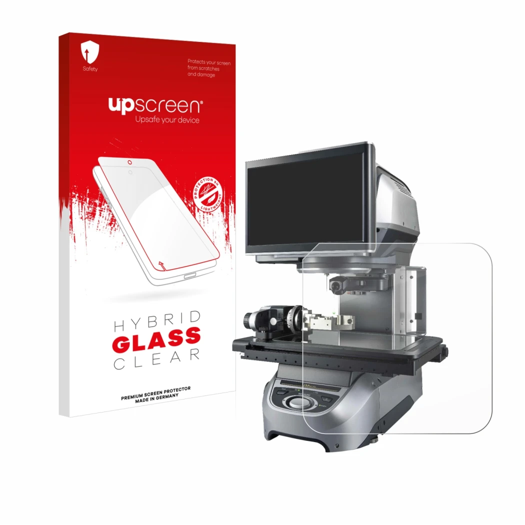 Front side of a product packaging with the brand logo upscreen. Next to it is the device Keyence IM-8020 Glass plate shown wit