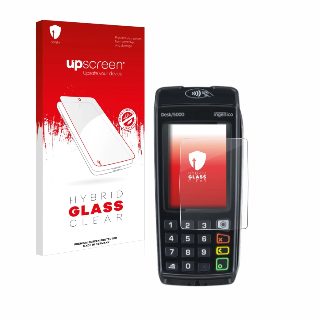 Front side of a product packaging with the brand logo upscreen. Next to it is the device ingenico Desk/5000 shown with the cor