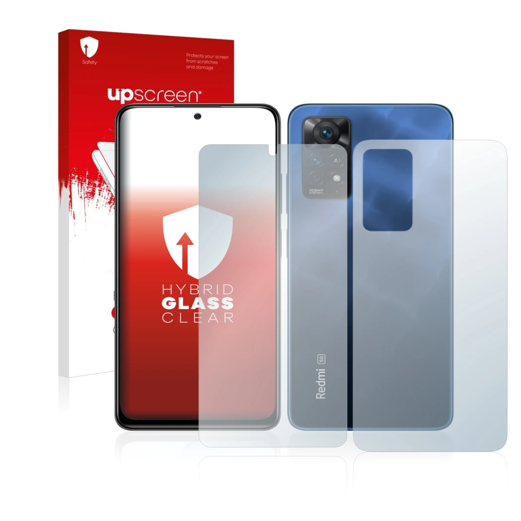 Front side of a product packaging with the brand logo upscreen. Next to it is the device Xiaomi Redmi Note 11 Pro 5G (Front+Ba