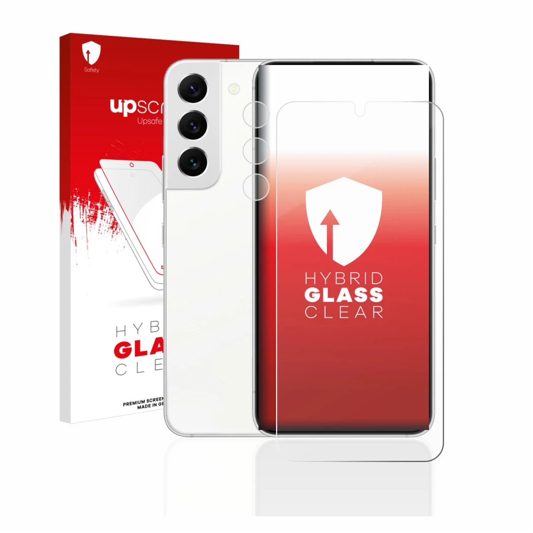 Front side of a product packaging with the brand logo upscreen. Next to it is the device Samsung Galaxy S22 5G (Front+Camera) 