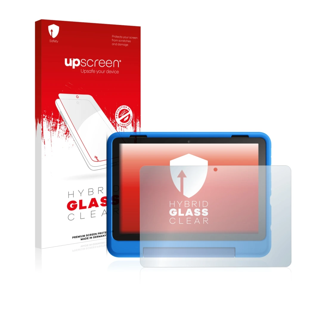 Front side of a product packaging with the brand logo upscreen. Next to it is the device Amazon Fire HD 8 Kids Pro Edition 202