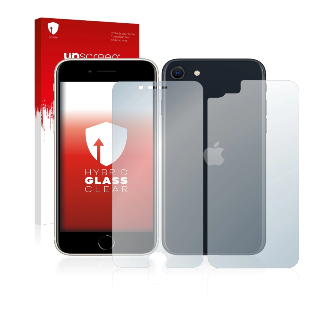 Front side of a product packaging with the brand logo upscreen. Next to it is the device Apple iPhone SE 3 2022 (Front+Back) s