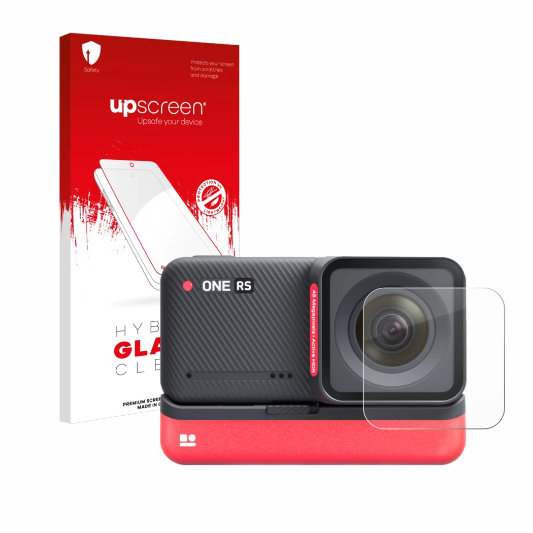 Front side of a product packaging with the brand logo upscreen. Next to it is the device Insta360 One RS 4K Edition (Lens) sho