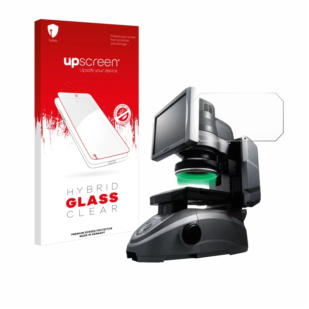 Front side of a product packaging with the brand logo upscreen. Next to it is the device Keyence IM-6125 Glass plate shown wit