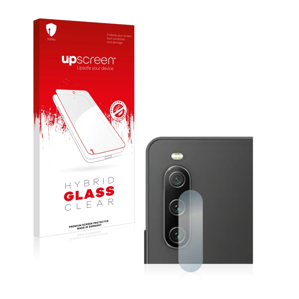 Front side of a product packaging with the brand logo upscreen. Next to it is the device Sony Xperia 10 IV (ONLY Camera Lens) 