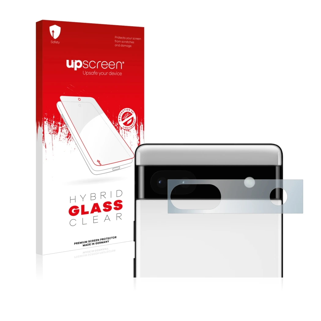 Front side of a product packaging with the brand logo upscreen. Next to it is the device Google Pixel 6a (ONLY Camera Lens) sh