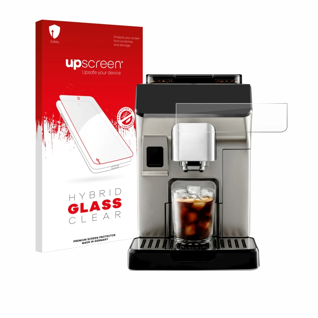 Front side of a product packaging with the brand logo upscreen. Next to it is the device DeLonghi Eletta Explore shown with th