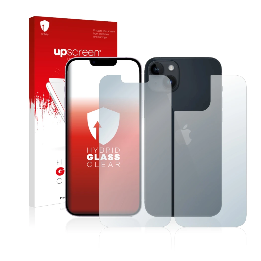 Front side of a product packaging with the brand logo upscreen. Next to it is the device Apple iPhone 14 (Front+Back) shown wi