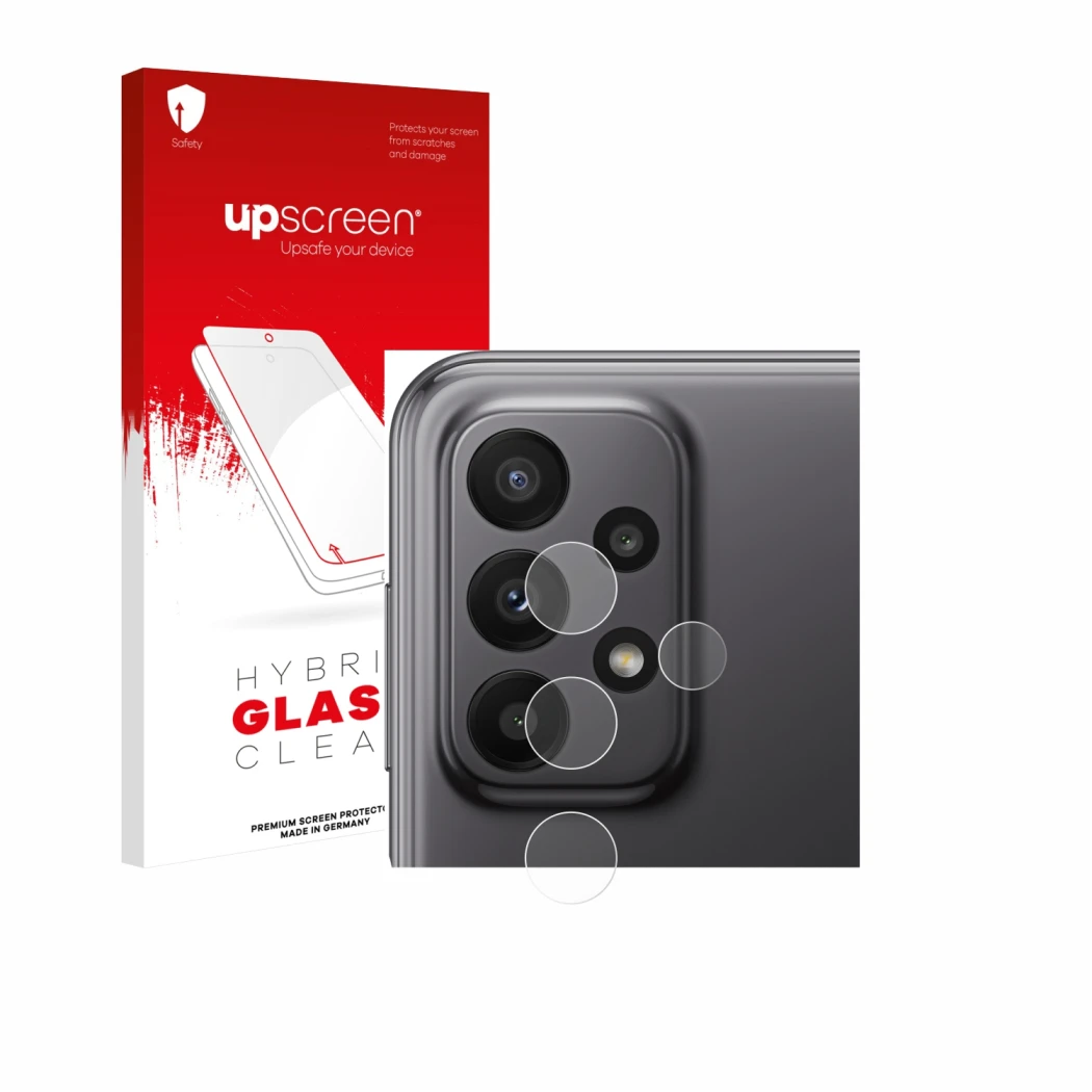 Front side of a product packaging with the brand logo upscreen. Next to it is the device Samsung Galaxy A23 5G (ONLY Camera Le