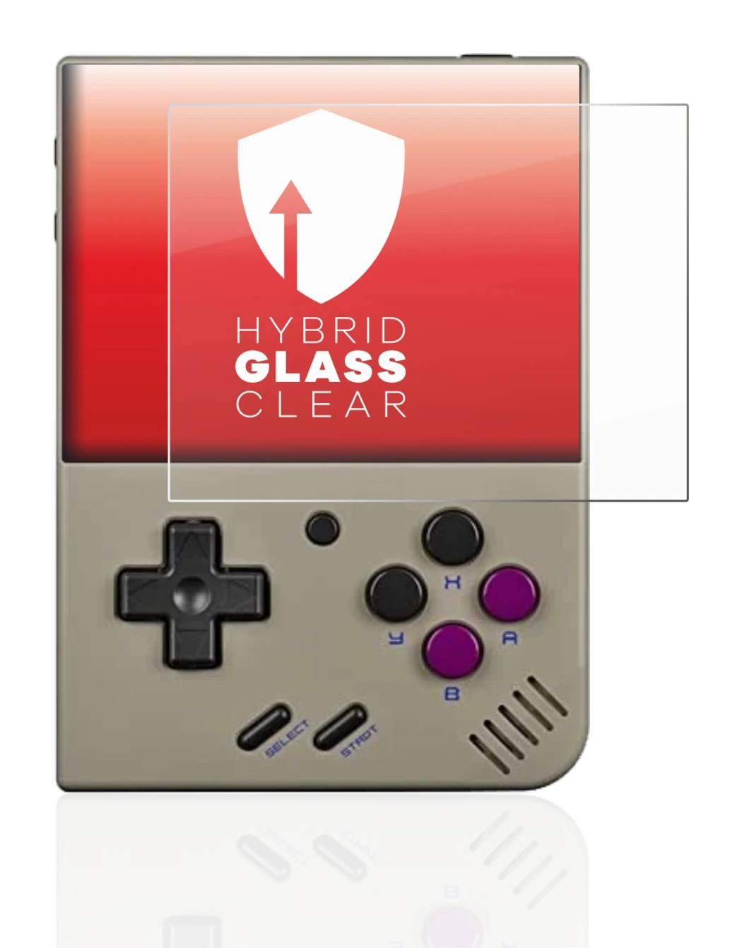 Image of the device Miyoo Mini Plus with a wide variety of screen protectors.