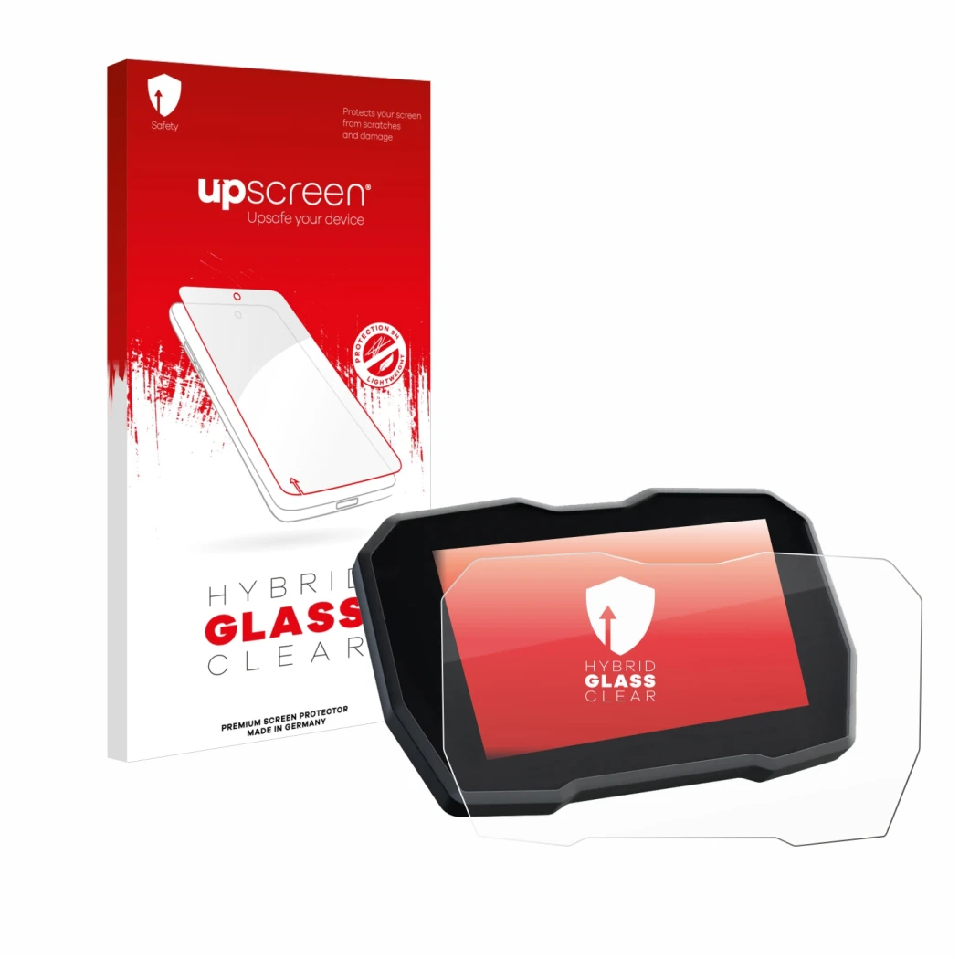 Front side of a product packaging with the brand logo upscreen. Next to it is the device Ducati Multistrada V4 2021+ shown wit