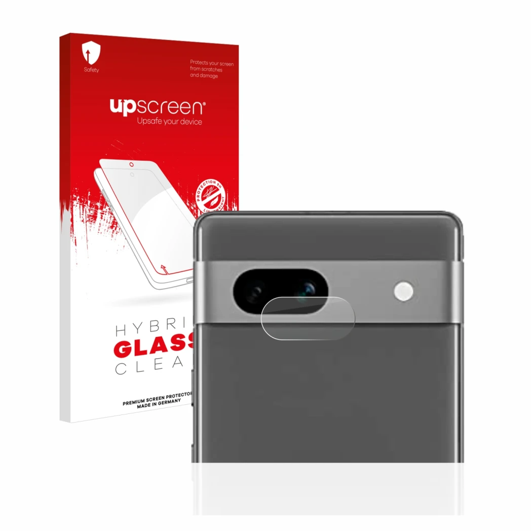 Front side of a product packaging with the brand logo upscreen. Next to it is the device Google Pixel 7a (ONLY Camera Lens) sh