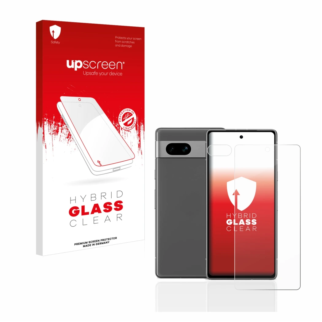 Front side of a product packaging with the brand logo upscreen. Next to it is the device Google Pixel 7a (Front+Camera) shown 