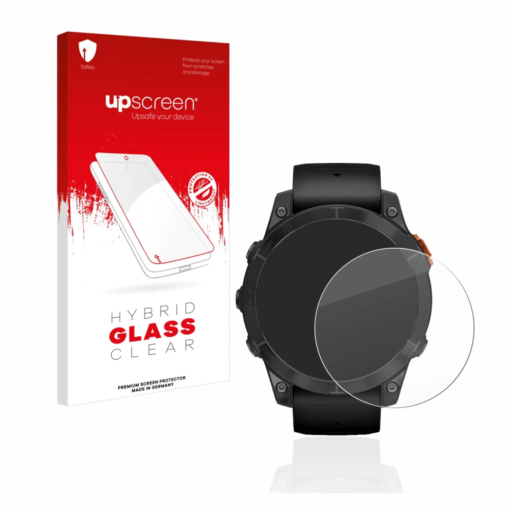 Front side of a product packaging with the brand logo upscreen. Next to it is the device Garmin Fenix 7 Pro Solar (47 mm) show