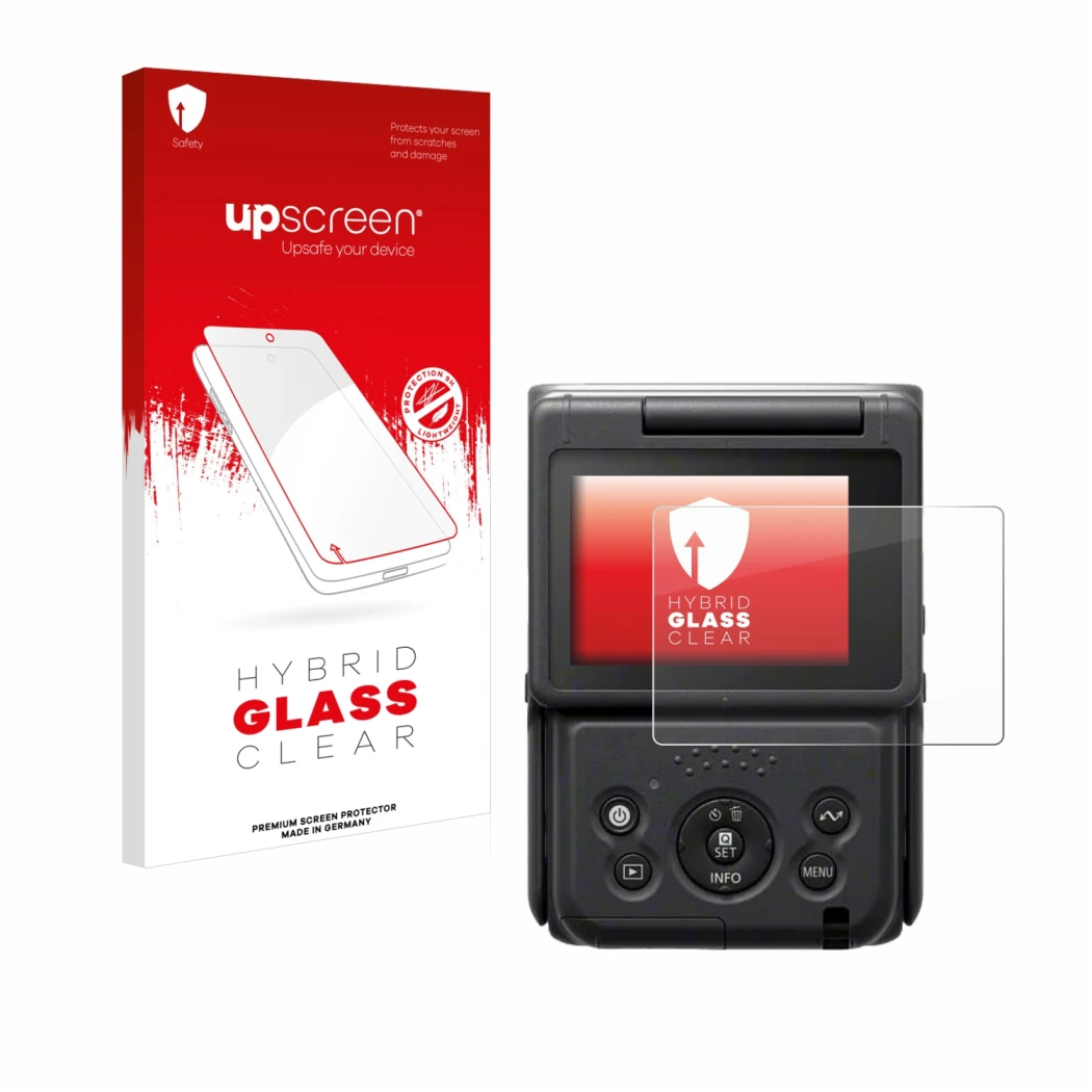 Front side of a product packaging with the brand logo upscreen. Next to it is the device Canon PowerShot V10 Vlog Camera shown