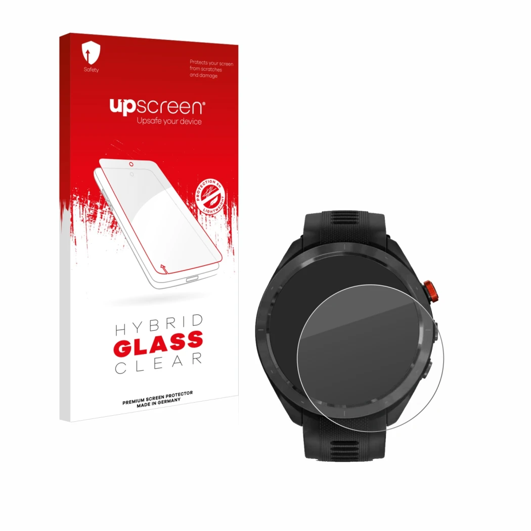 Front side of a product packaging with the brand logo upscreen. Next to it is the device Garmin Approach S70 (47 mm) shown wit