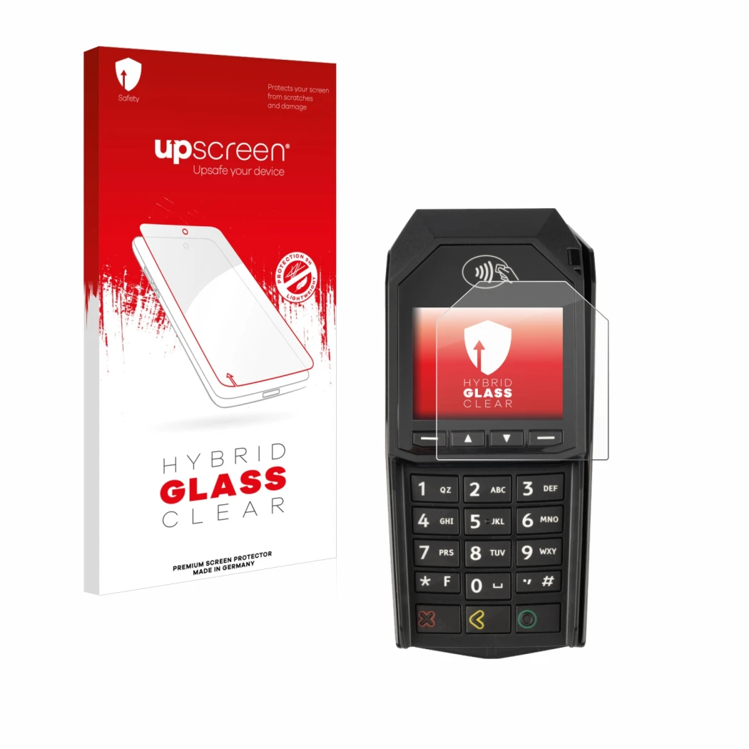 Front side of a product packaging with the brand logo upscreen. Next to it is the device ingenico Lane/3000 (non-touch) shown 