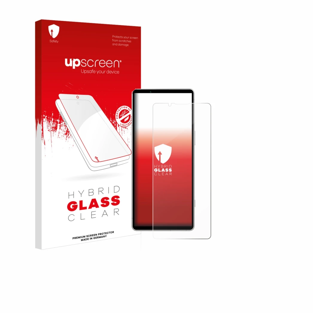 Front side of a product packaging with the brand logo upscreen. Next to it is the device Sony Xperia 5 V shown with the corres