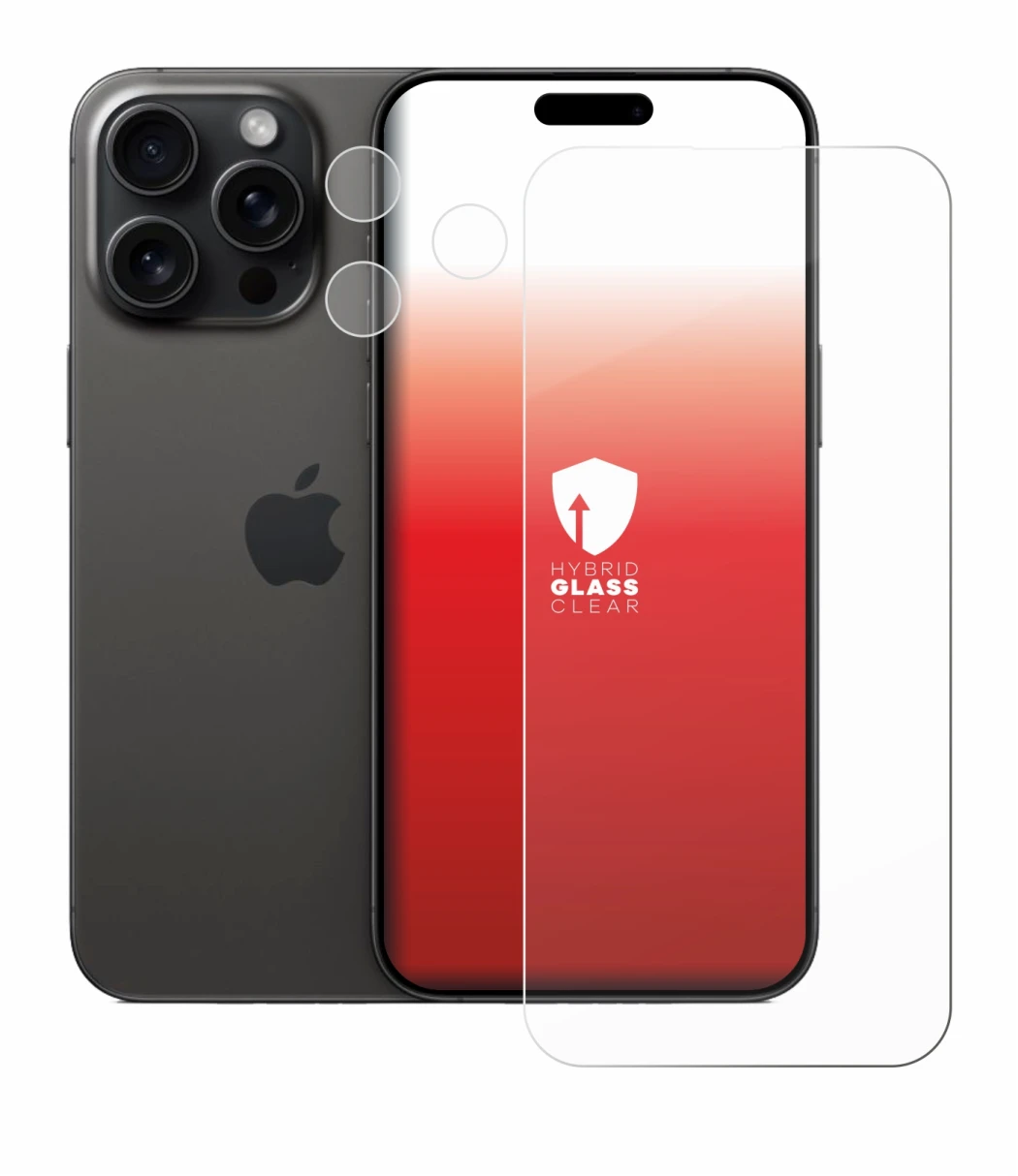 Image of the device Apple iPhone 15 Pro Max (Front+Camera) with a wide variety of screen protectors.