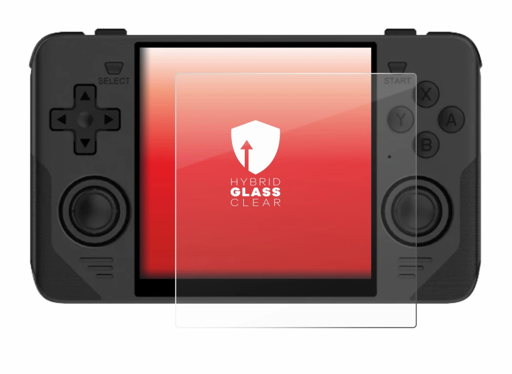 Image of the device Powkiddy RGB30 with a wide variety of screen protectors.