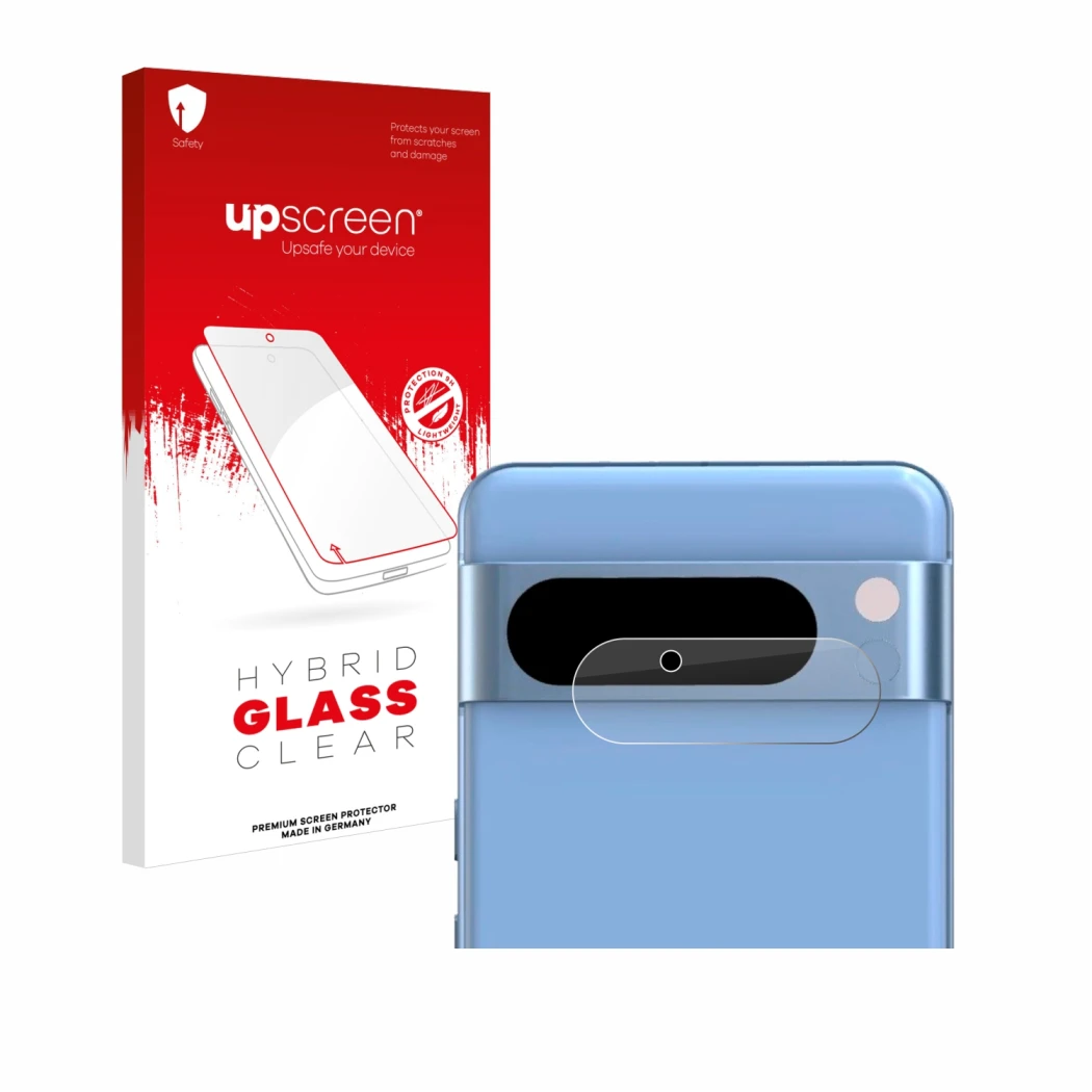 Front side of a product packaging with the brand logo upscreen. Next to it is the device Google Pixel 8 Pro (ONLY Camera Lens)