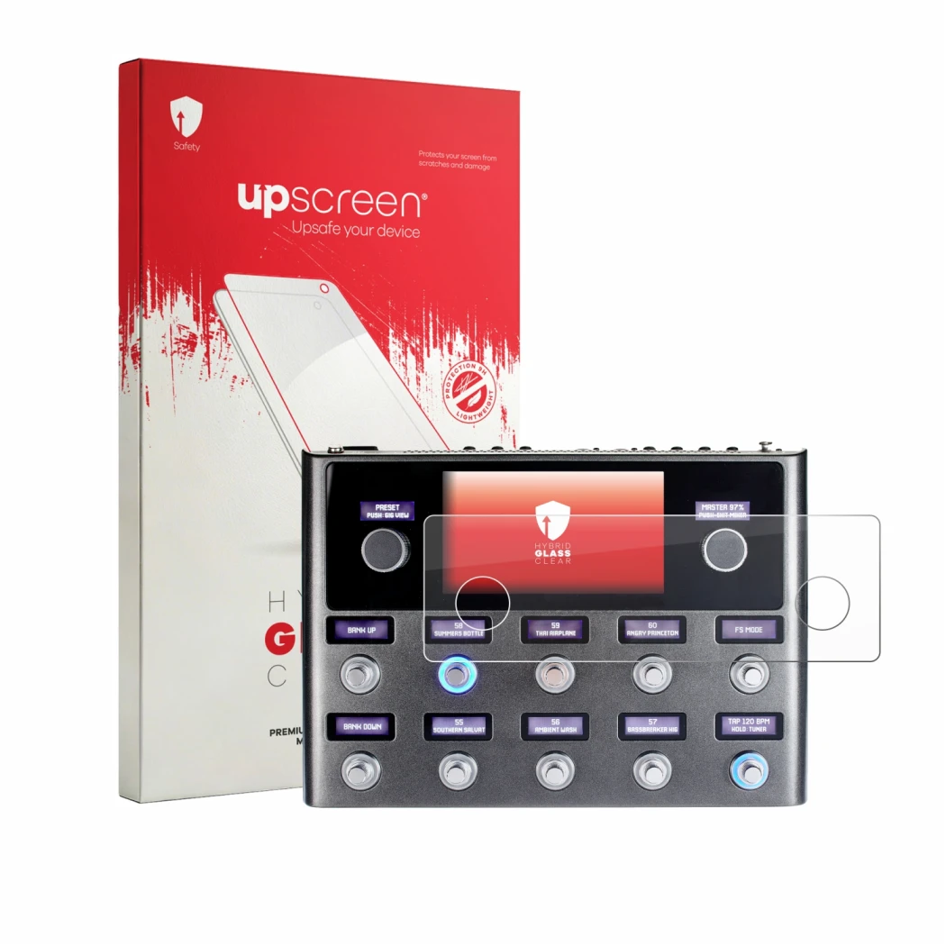 Front side of a product packaging with the brand logo upscreen. Next to it is the device Fender Tone Master Pro shown with the