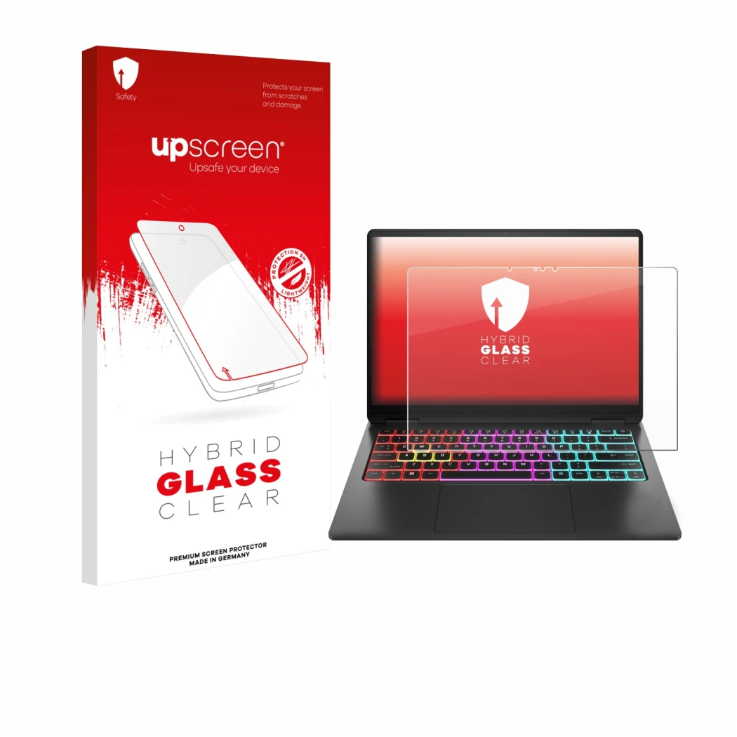 Front side of a product packaging with the brand logo upscreen. Next to it is the device HP Omen Transcend 14 shown with the c