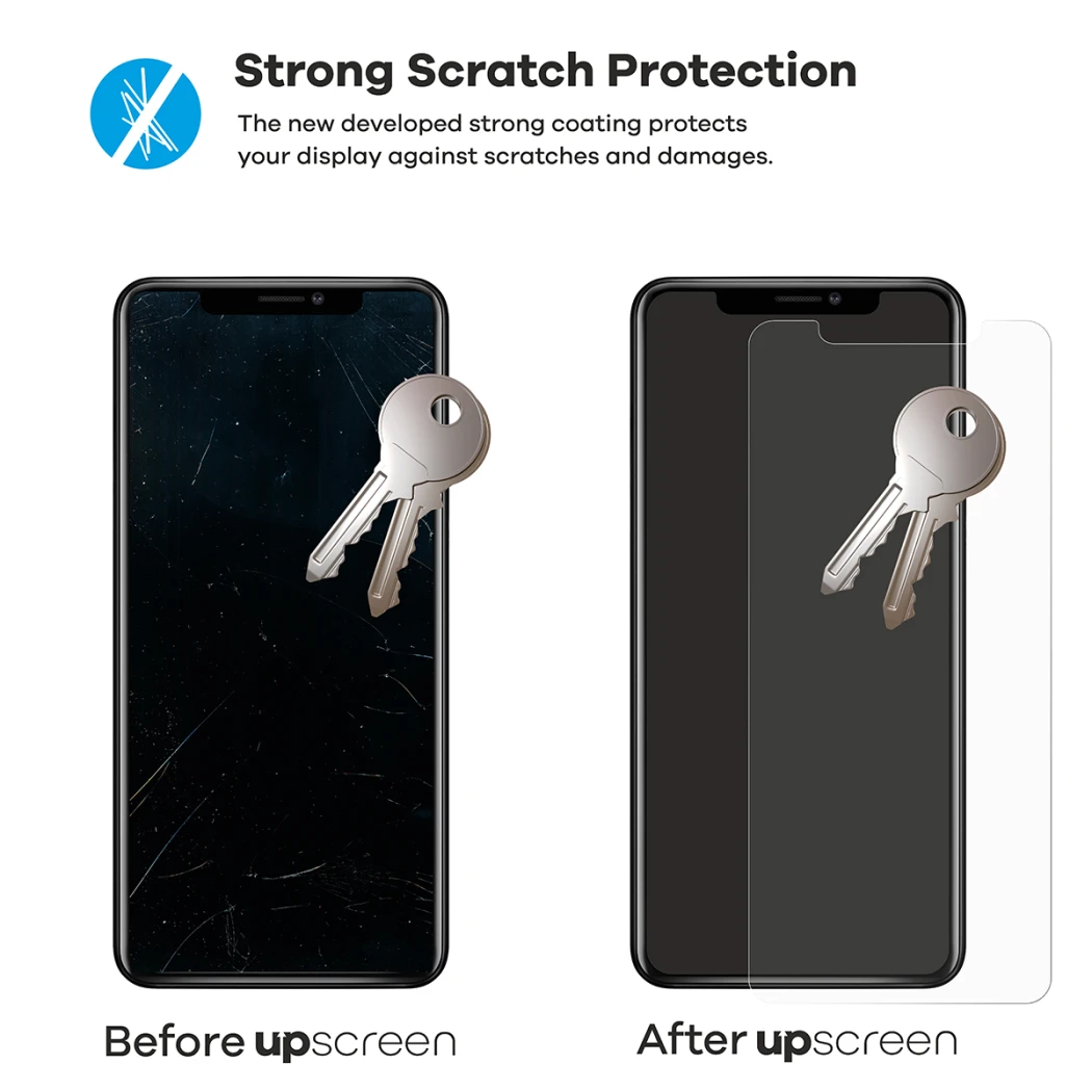 2 smartphones – one with upscreen, one without. Each is shown with 2 keys. The smartphone without upscreen is heavily scratche