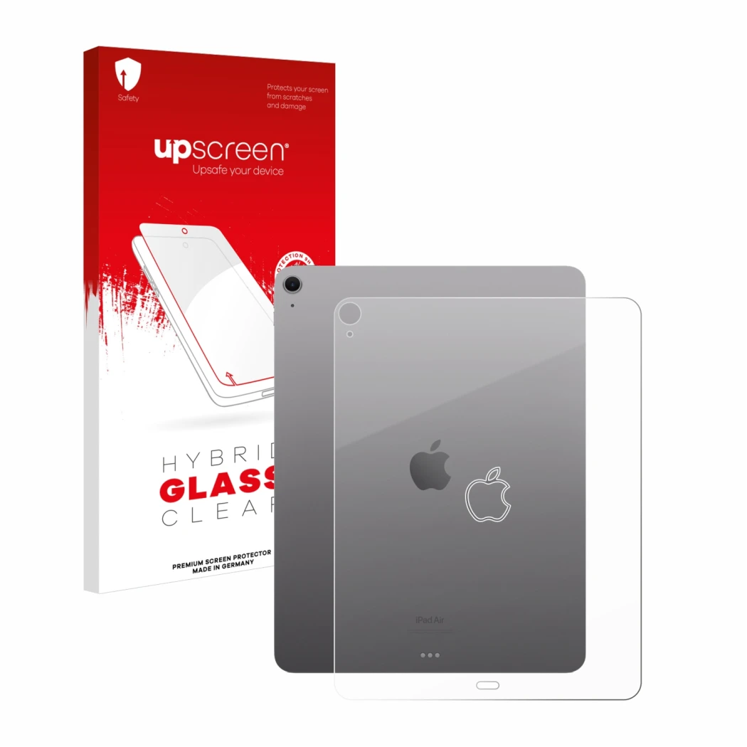 Front side of a product packaging with the brand logo upscreen. Next to it is the device Apple iPad Air 13