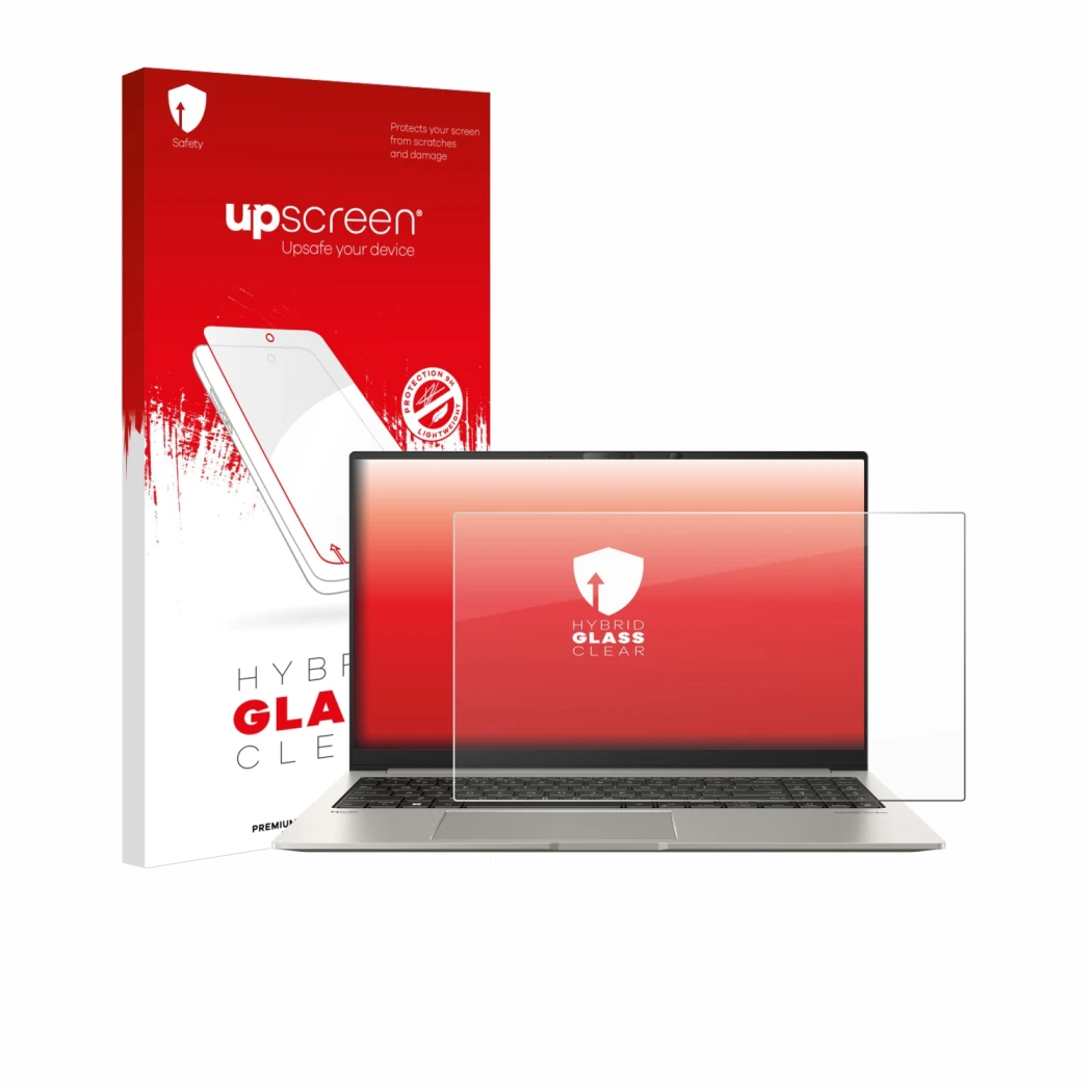 Front side of a product packaging with the brand logo upscreen. Next to it is the device ASUS ZenBook 15 OLED UM3504 shown wit