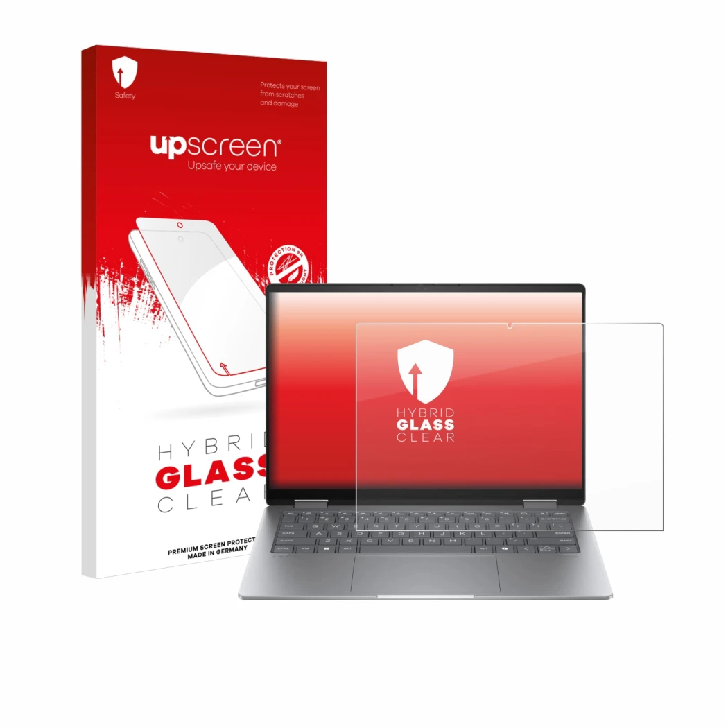 Front side of a product packaging with the brand logo upscreen. Next to it is the device HP Envy x360 14 2-in-1 shown with the