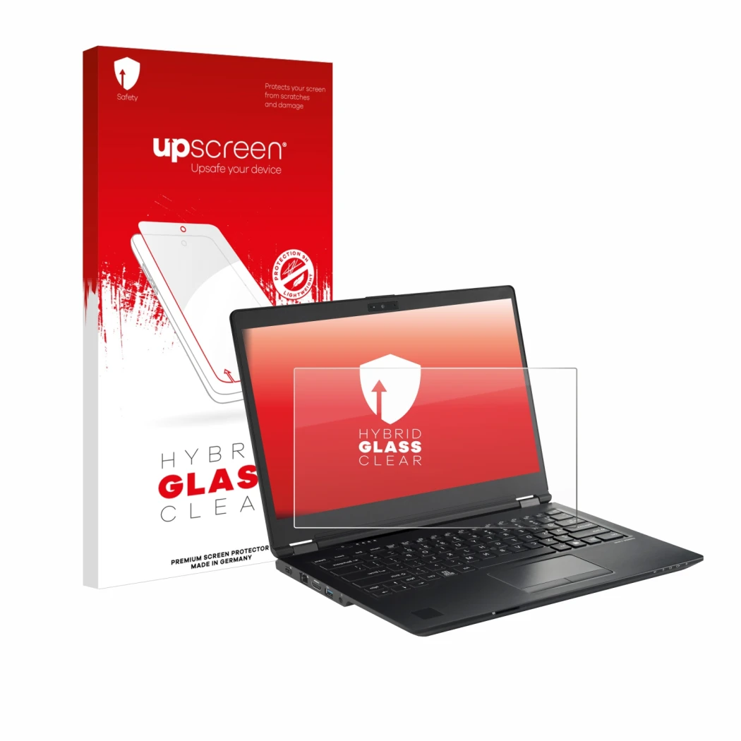 Front side of a product packaging with the brand logo upscreen. Next to it is the device Fujitsu Lifebook U7410 shown with the