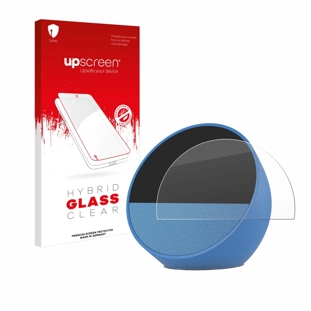 Front side of a product packaging with the brand logo upscreen. Next to it is the device Amazon Echo Spot 2024 shown with the 