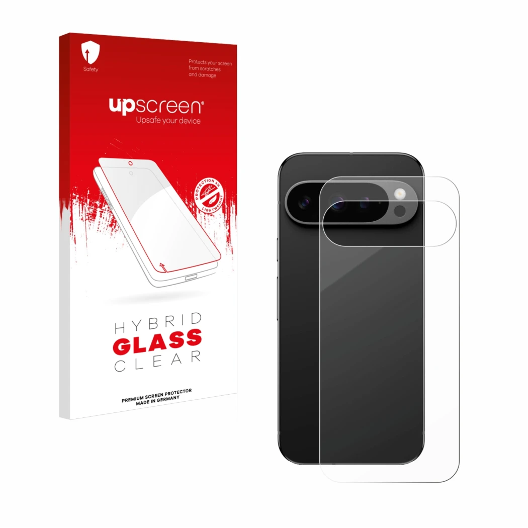 Front side of a product packaging with the brand logo upscreen. Next to it is the device Google Pixel 9 Pro (Back) shown with 