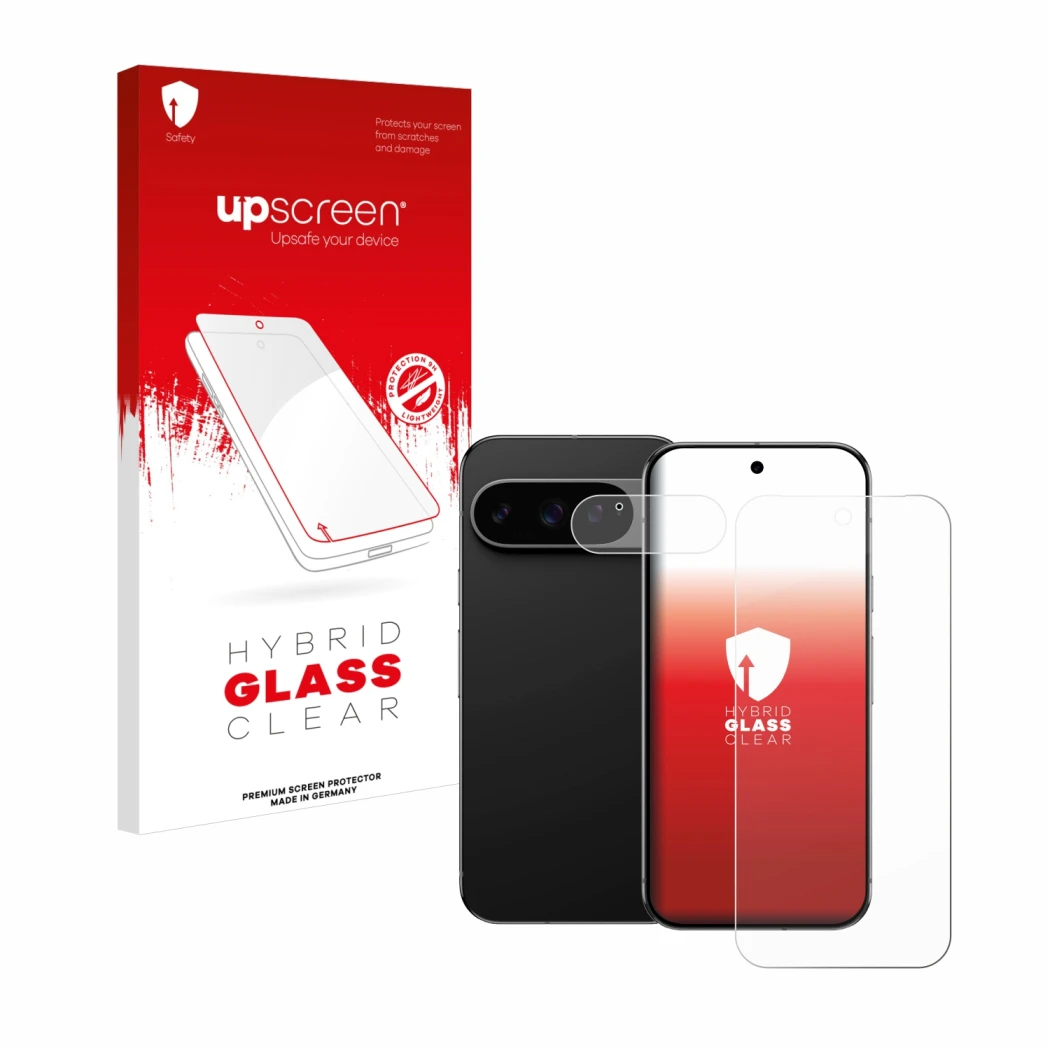 Front side of a product packaging with the brand logo upscreen. Next to it is the device Google Pixel 9 Pro (Front+Camera) sho