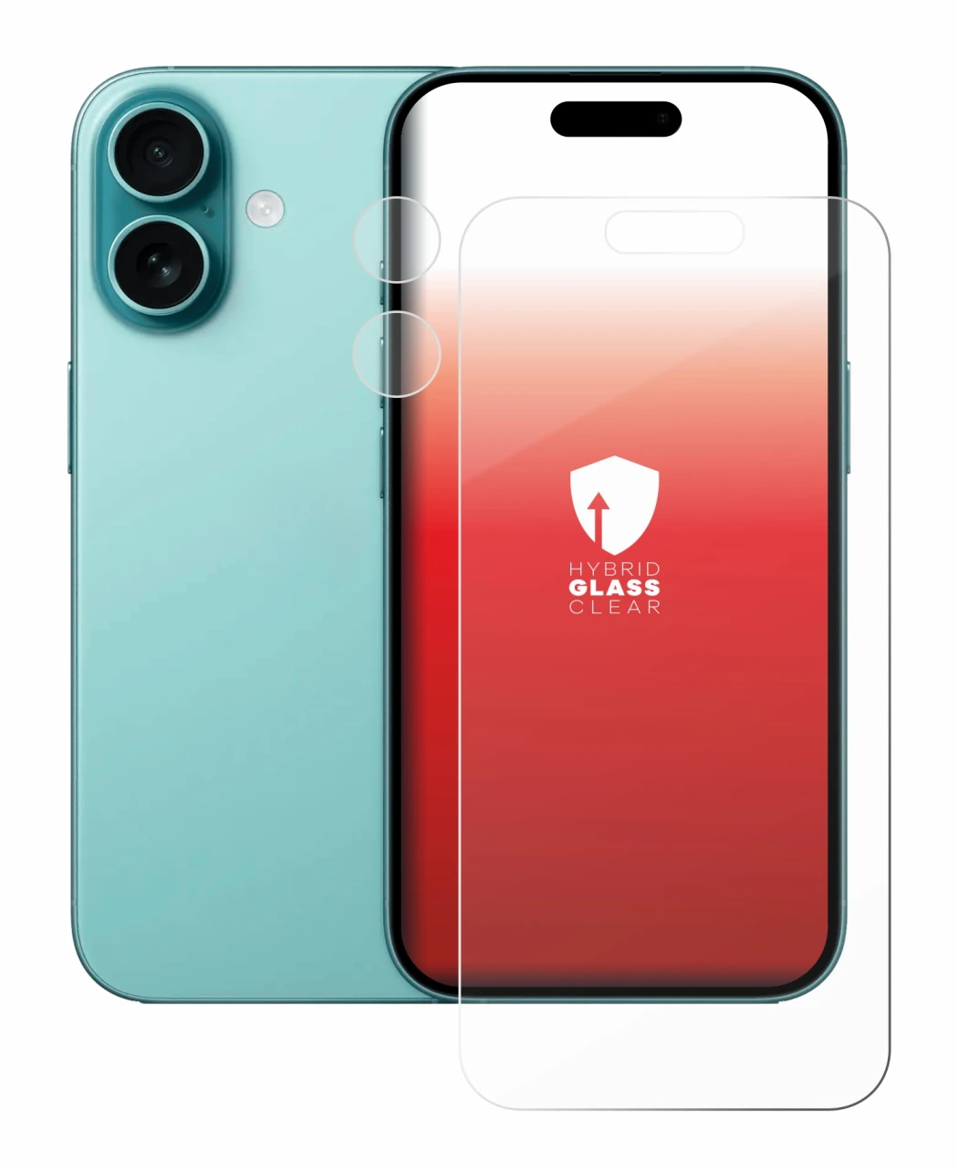 Image of the device Apple iPhone 16 (Front+Camera) with a wide variety of screen protectors.