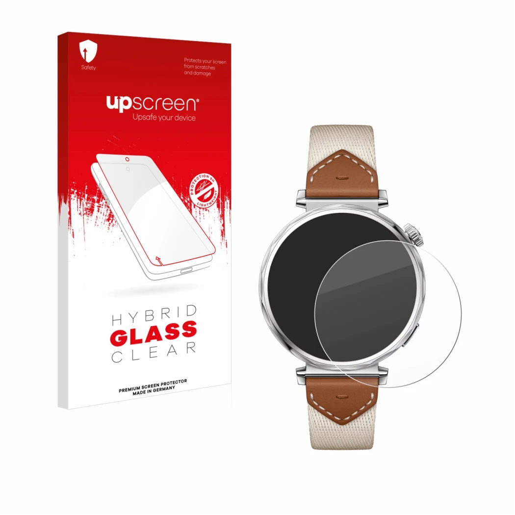 Front side of a product packaging with the brand logo upscreen. Next to it is the device Huawei Watch GT 5 (41 mm) shown with