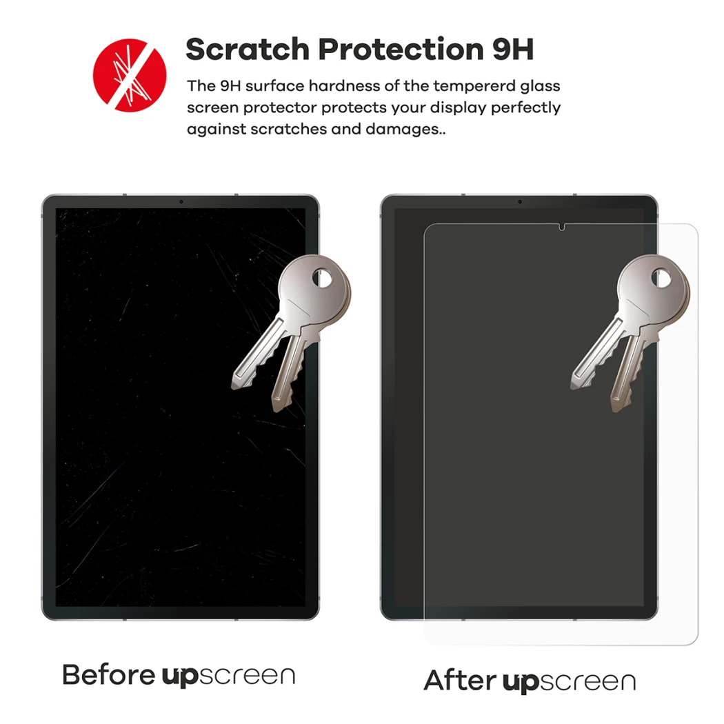 2 devices – one with upscreen, one without. Each is shown with 2 keys. The device without upscreen is heavily scratched, the o