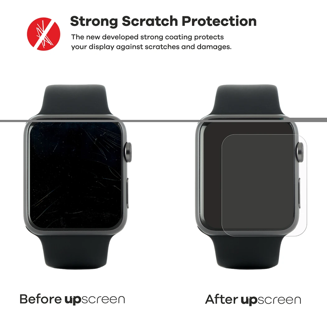 2 devices – one with upscreen, one without. Each is shown with 2 keys. The device without upscreen is heavily scratched, the o