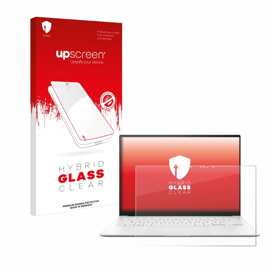 Front side of a product packaging with the brand logo upscreen. Next to it is the device ASUS ZenBook S 14 UX5406 shown with t