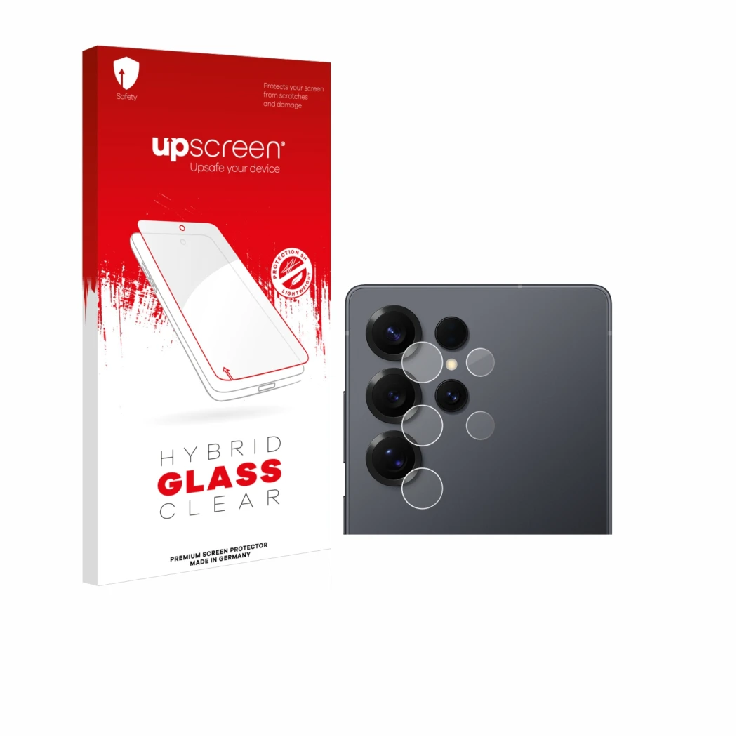 Front side of a product packaging with the brand logo upscreen. Next to it is the device Samsung Galaxy S25 Ultra (ONLY Camera