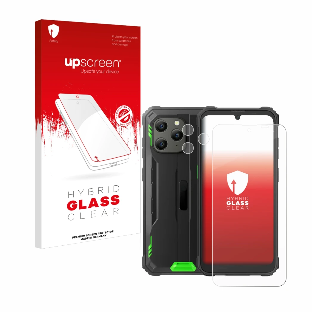 Front side of a product packaging with the brand logo upscreen. Next to it is the device Blackview BV5300 Plus (Front+Camera) 