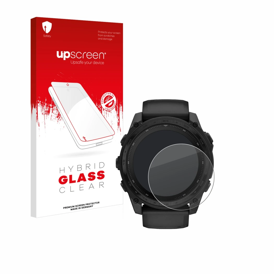 Front side of a product packaging with the brand logo upscreen. Next to it is the device Garmin Tactix 8 Solar (51 mm) shown w