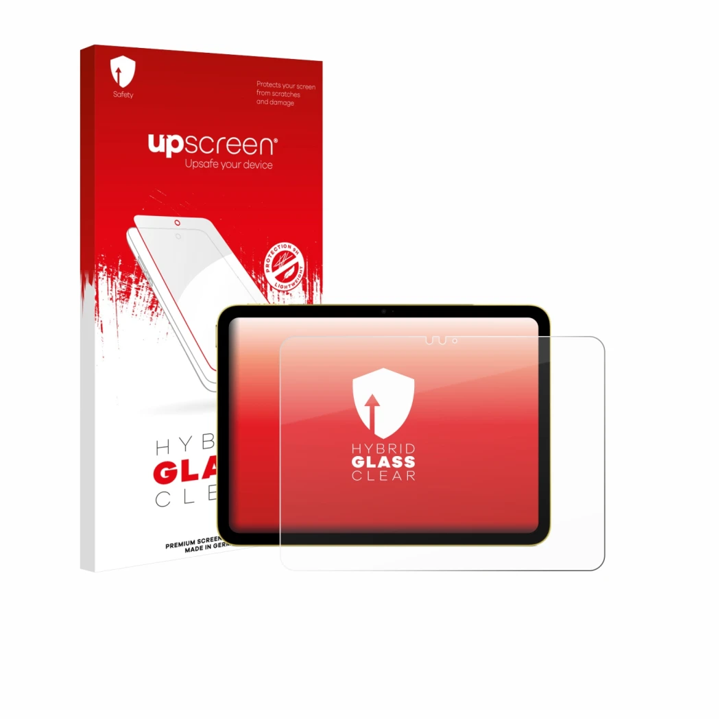 Front side of a product packaging with the brand logo upscreen. Next to it is the device Apple iPad Air 11