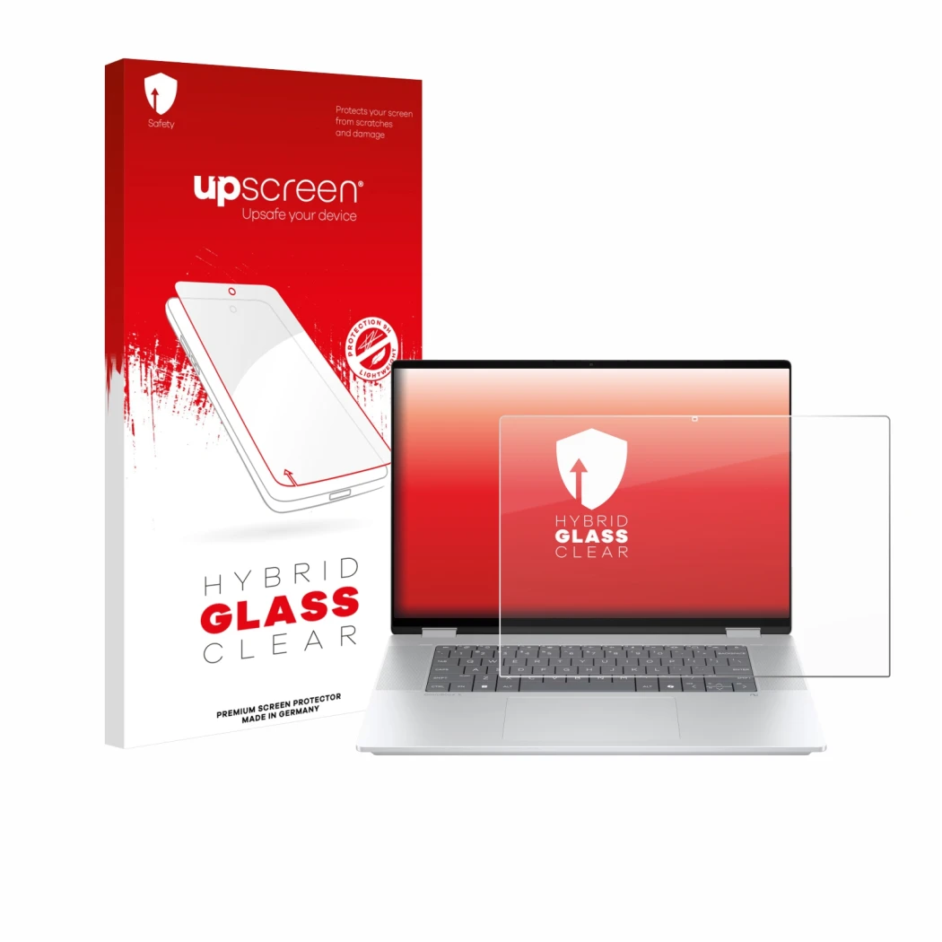 Front side of a product packaging with the brand logo upscreen. Next to it is the device HP OmniBook X Flip 16-aX shown with t