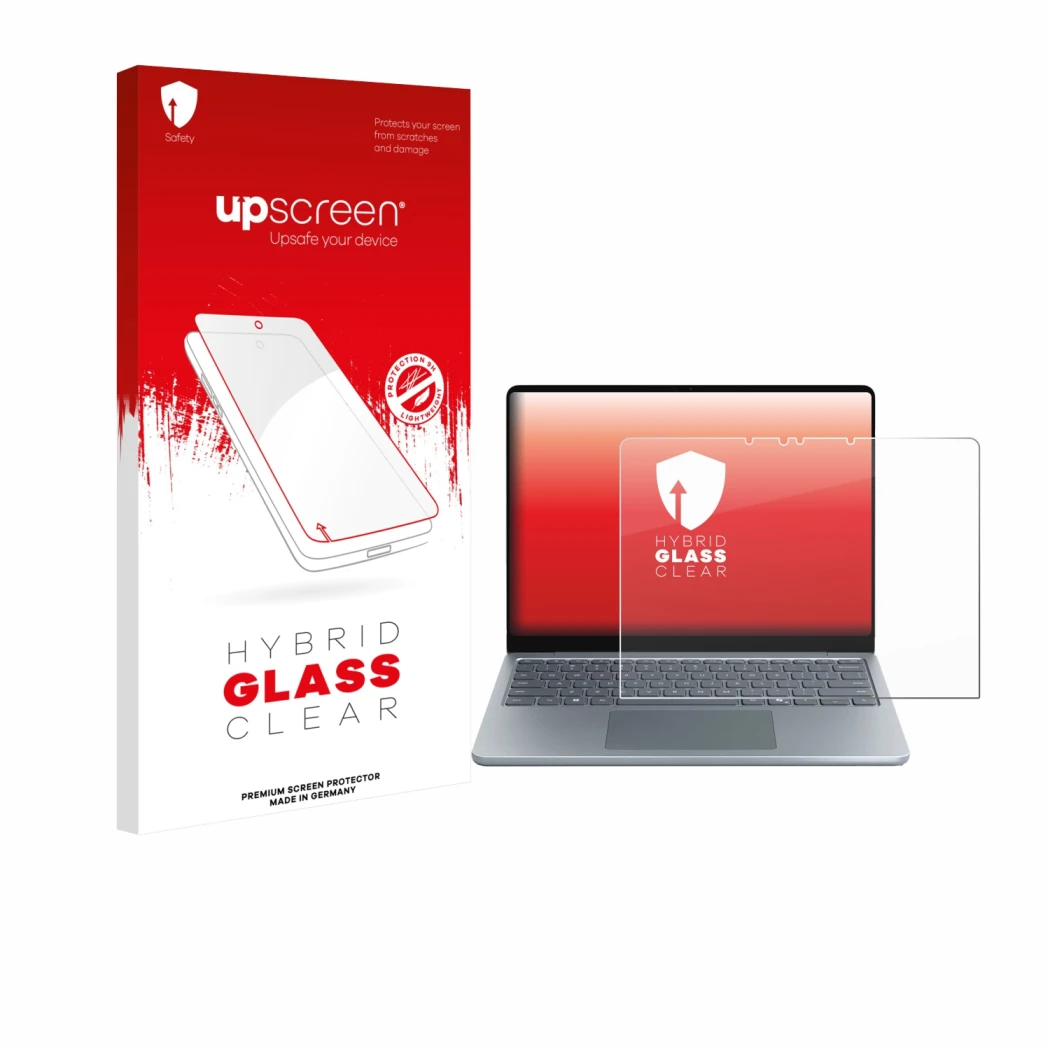 Front side of a product packaging with the brand logo upscreen. Next to it is the device Microsoft Surface Laptop 13