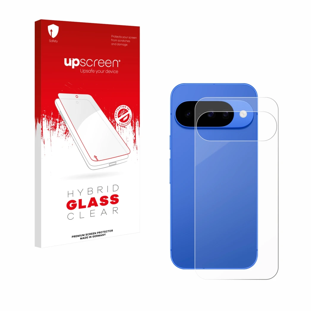 Front side of a product packaging with the brand logo upscreen. Next to it is the device Google Pixel 10 (Back) shown with the